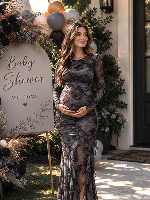 Black Printed Baby Shower Maternity Maxi Dress with Ruffle Trim and Flattering Ruched Silhouette