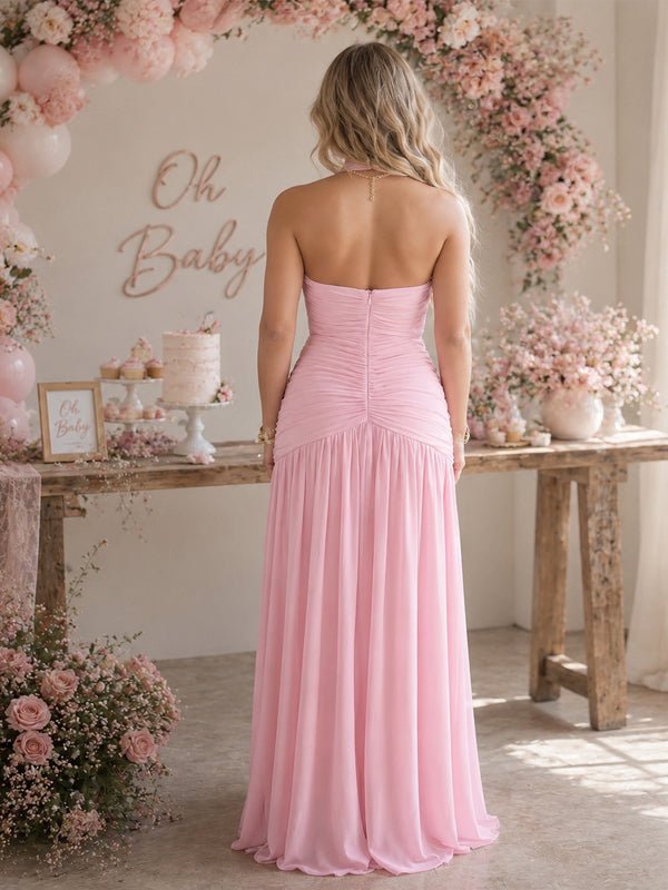 Momyknows Halter Neck Draped Hem Ruched Side Slit Backless Maternity Baby Shower Maxi Dress - Pink - 2