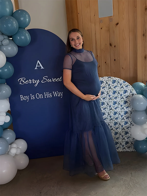 Momyknows High Neck Mesh 2-in-1 Ruffle See-through Baby Shower Maternity Maxi Dress