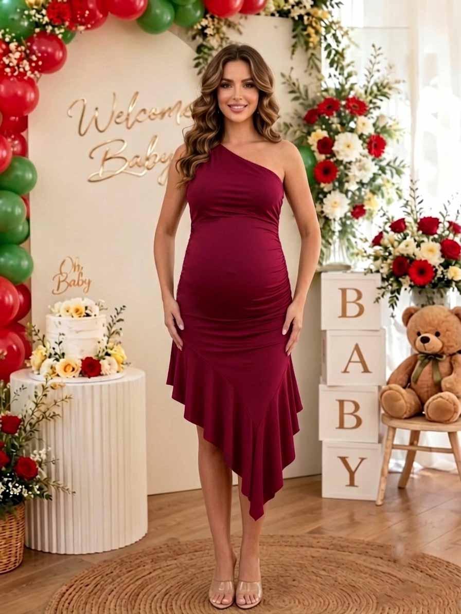 Momyknows Chic Falbala Oblique Shoulder Side Slit Irregular Baby Shower Maternity Maxi Dress - Wine Red - 4
