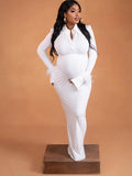 Momyknows White Knitting Single Breasted Feather Splicing Polo Neck Split Flare Sleeve Bodycon Baby Shower Maternity Maxi Dress