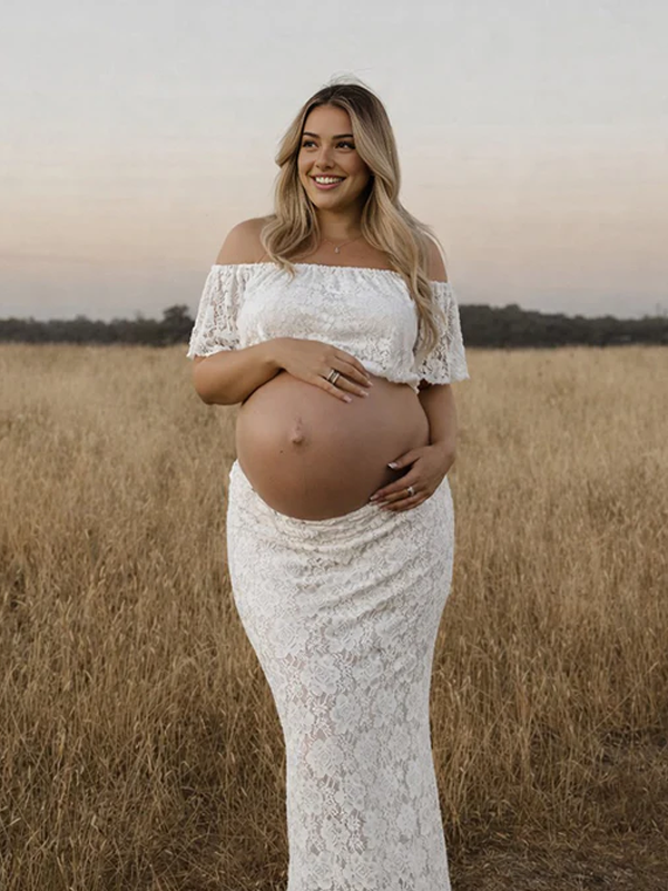 Momyknows White Lace Off Shoulder Crop Bodycon Two Piece Set Maternity Maxi Dress