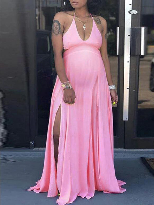 Momyknows Pink V-neck Spaghetti Strap Halter Neck Backless Cami Slit Baby Shower Plus Size Maternity Maxi Dress Pink / M Momyknows Pink V-neck Spaghetti Strap Halter Neck Backless Cami Slit Baby Shower Plus Size Maternity Maxi Dress Pink / M