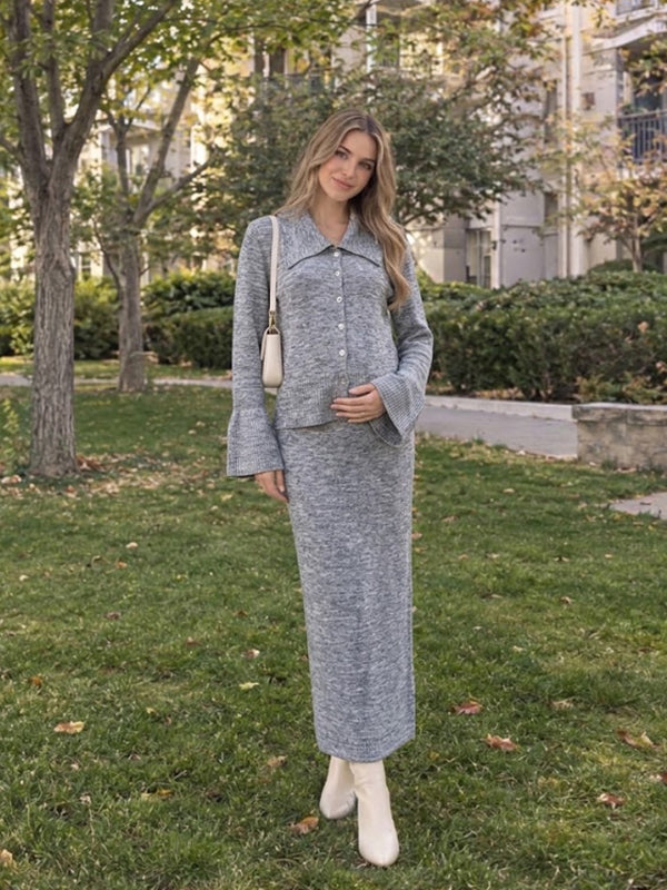 Grey Crochet Button Maternity Midi Dress with Flared Sleeves and Elegant Two Piece Silhouette