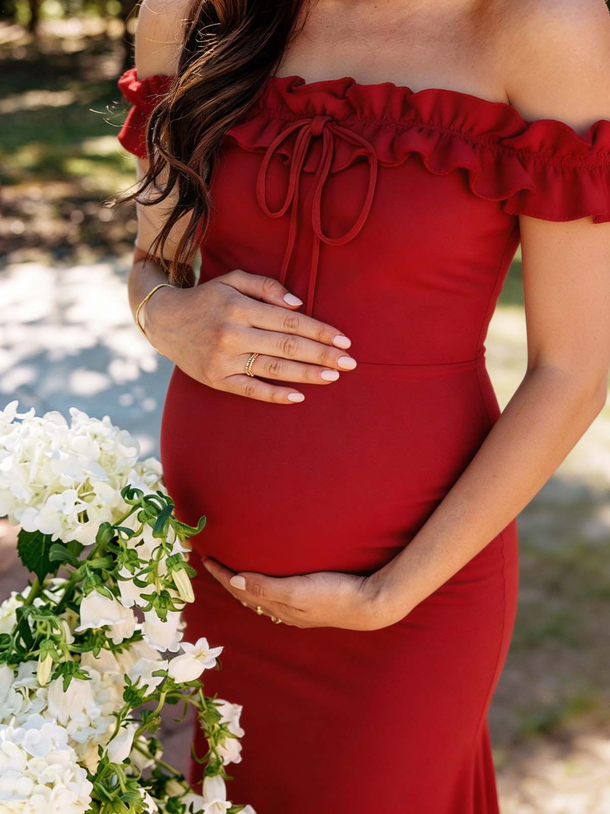 off shoulder ruffle trim dress Scarlet Off-Shoulder Ruffle Trim Maxi Dress Butter