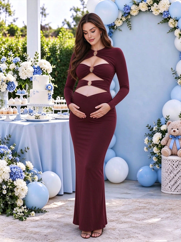 Red maternity dress with a cut-out back and side slit, featuring a flattering fitted silhouette for baby showers