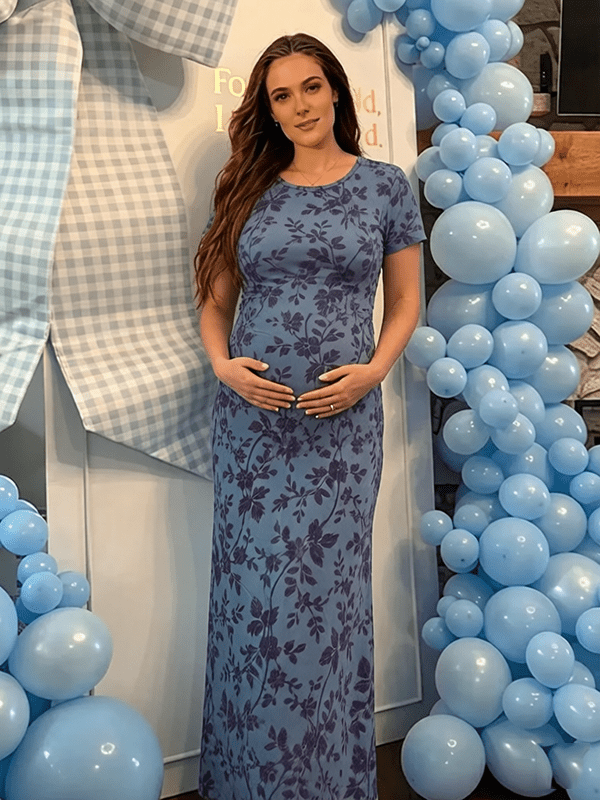 Momyknows Chic Dark Blue Bodycon Mermaid Floral Baby Shower Maternity Maxi Dress