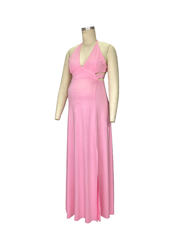 Momyknows Pink V-neck Spaghetti Strap Halter Neck Backless Cami Slit Baby Shower Plus Size Maternity Maxi Dress Pink / M Momyknows Pink V-neck Spaghetti Strap Halter Neck Backless Cami Slit Baby Shower Plus Size Maternity Maxi Dress Pink / M