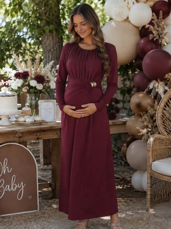 Wine Red Ruched Maternity Maxi Dress with Metal Clasp Front and Flattering Silhouette, Baby Shower Style