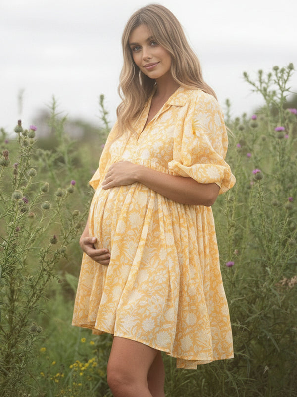 maternity mini dress Momyknows Floral Ruffle Tie-Up Lantern Sleeve Boho Maternity Mini Dress Yellow / XL