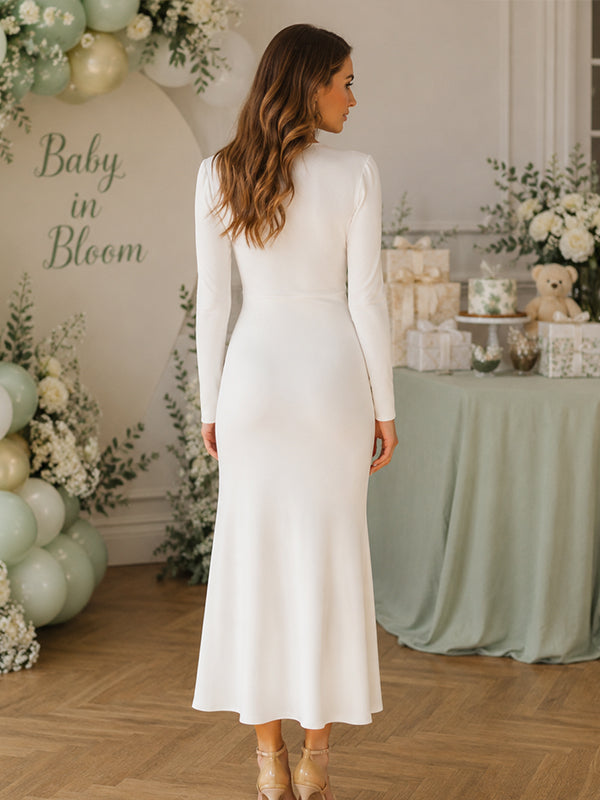 White Elegant Maternity Midi Dress with Ruched Detail and Deep V Neckline and Asymmetrical Shape