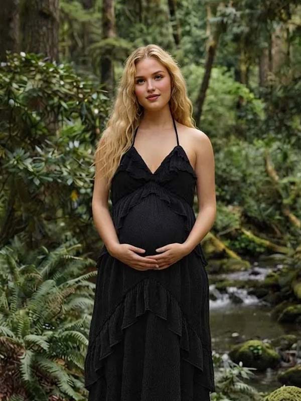Momyknows Black Spaghetti Strap V-neck Lace-up Backless Ruffle Maternity Photoshoot Maxi Dress - Black - 2