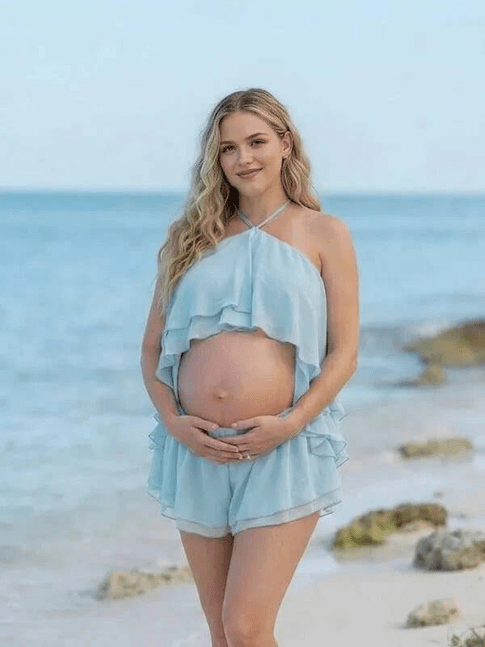 Momyknows Blue Ruffle Lace-up Backless Halter Neck Two Piece Bikini Maternity Swimsuit - Blue - 1