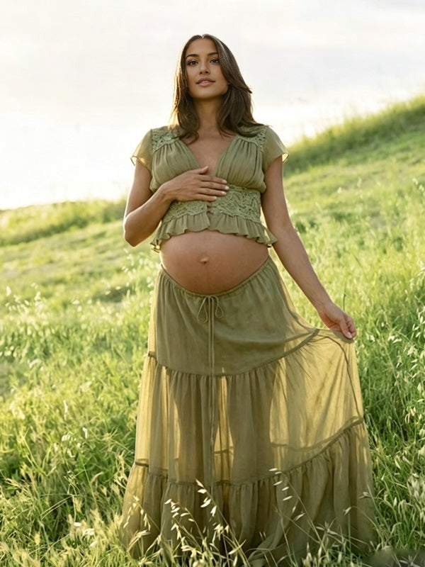 Momyknows Green Lace Button Lace Up Splicing Two Piece Maternity Photoshoot Maxi Dress