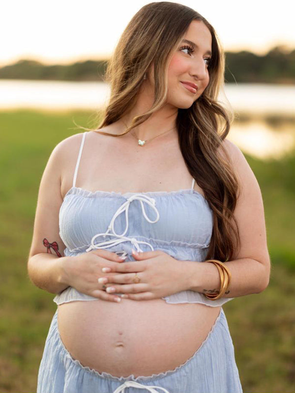 Momyknows Blue Falbala Two Piece Set Cami Ruffle Crop Top And Big Swing Maxi Skirt Elegant Baby Moon Beach Maternity Photoshoot Baby Shower Maxi Dress