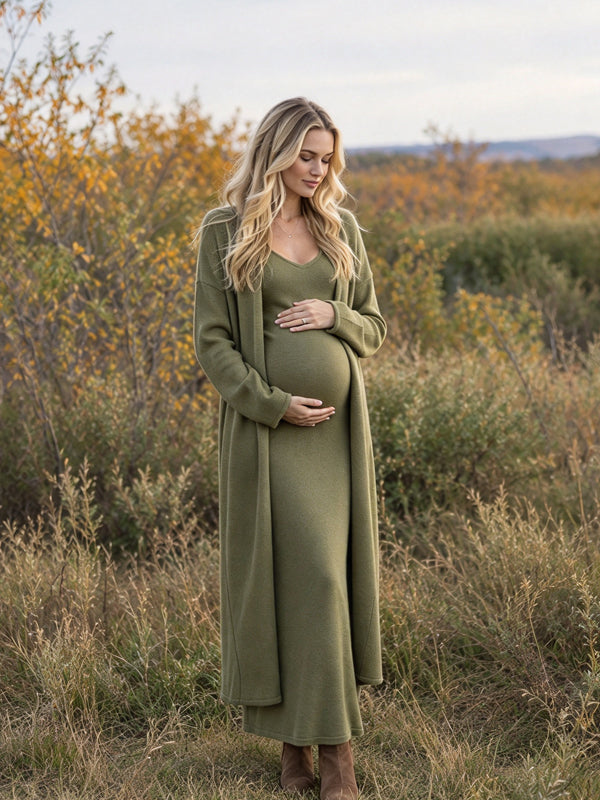 Dark Green Crochet Sweater Cardigan Maternity Maxi Dress with Two Piece Design and Relaxed Fit