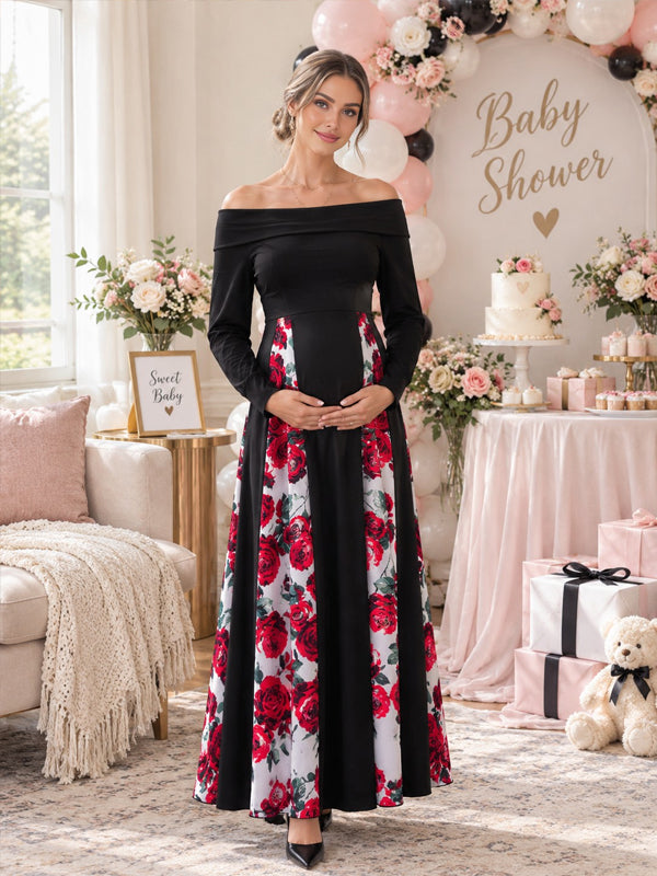 Black Off-the-Shoulder Maternity Maxi Dress with Printed Paneling and Flattering Fit, Baby Shower