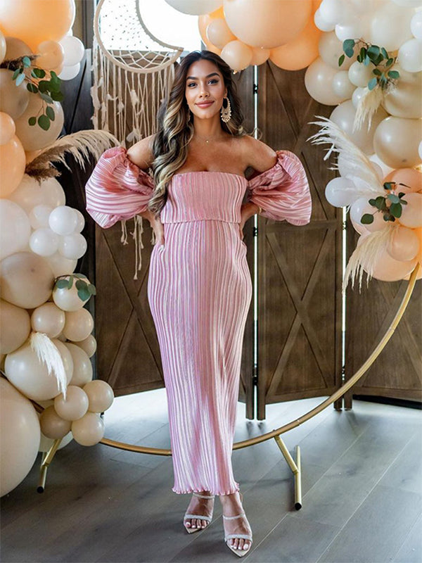 Momyknows Pink Off Shoulder Bandeau Pleated Bodycon Puff Sleeve Evening Gown Baby Shower Maternity Maxi Dress