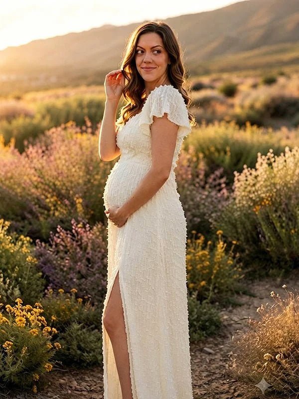 Momyknows Beige 3D Flowers Side Slit Backless Lace-Up A-Line Photoshoot Maternity Maxi Dress - Beige - 3