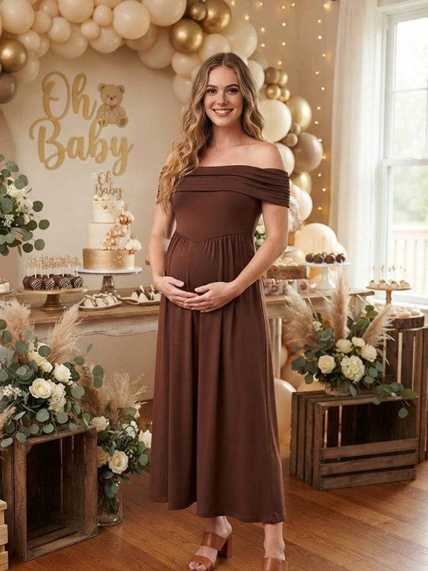 Brown Off-the-Shoulder Maternity Dress with High-Waisted and Open-Back Silhouette, Baby Shower