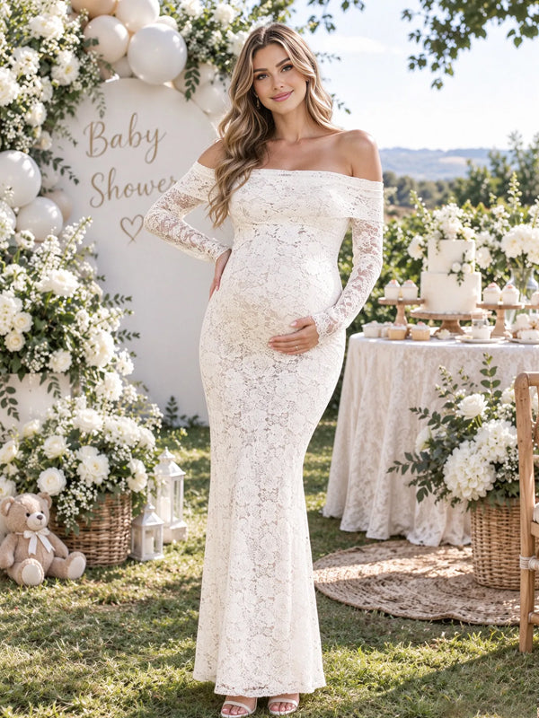 White Lace Maternity Maxi Dress with Off-the-Shoulder Neckline