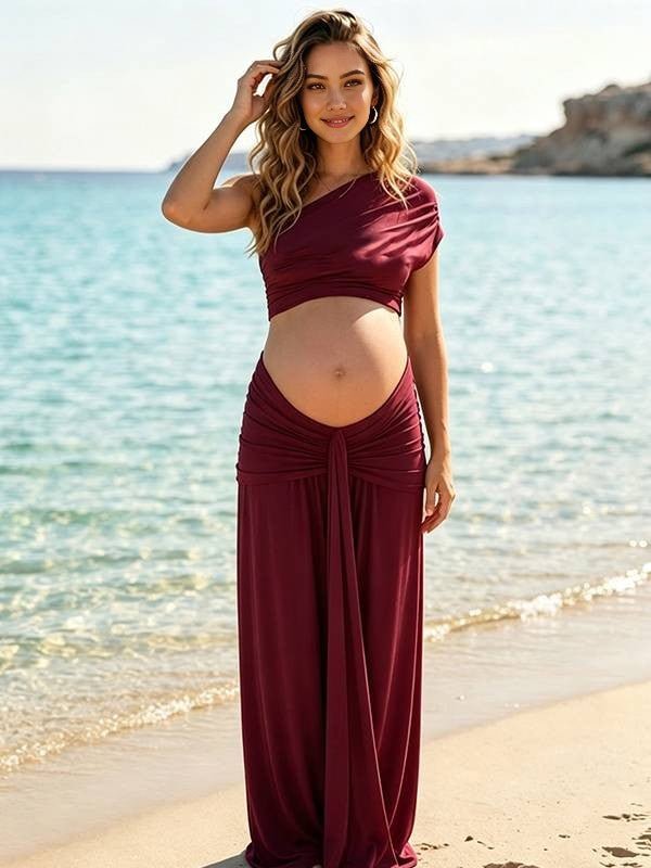 Momyknows 2 Piece One Shoulder Bodycon Splicing Ruched Open Back Photoshoot Maternity Maxi Dress - Wine Red - 2