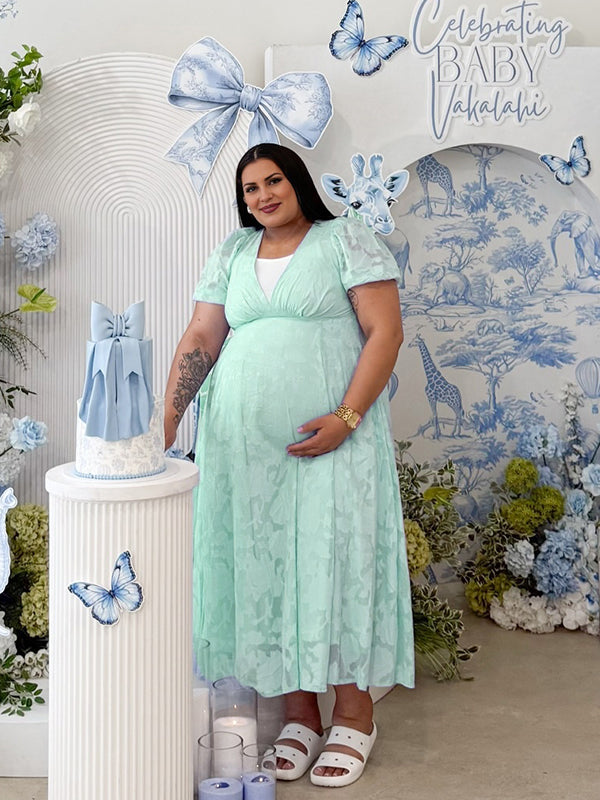 Momyknows Light Green Smocked Embroidery Lace Print Sheer Maternity Baby Shower Maxi Dress