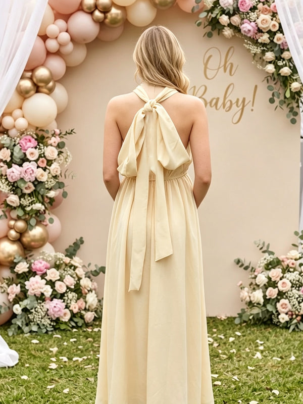 Yellow Halter-Neck Maternity Dress with Tie Detail and High-Waisted Loose Fit