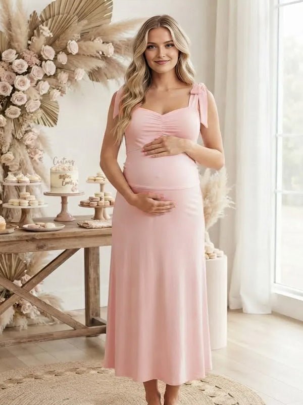 Momyknows Lace Up Ruched Zipper Backless Big Swing Maternity Baby Shower Midi Dress - Pink - 7