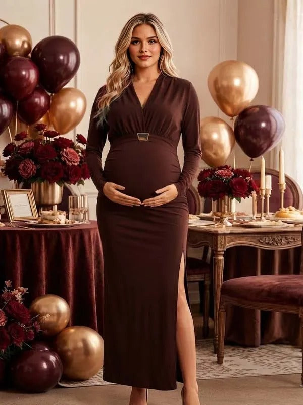 Momyknows Wine Red V-Neck Ruffle Slit Embellished Belt Bodycon Maternity Baby Shower Maxi Dress
