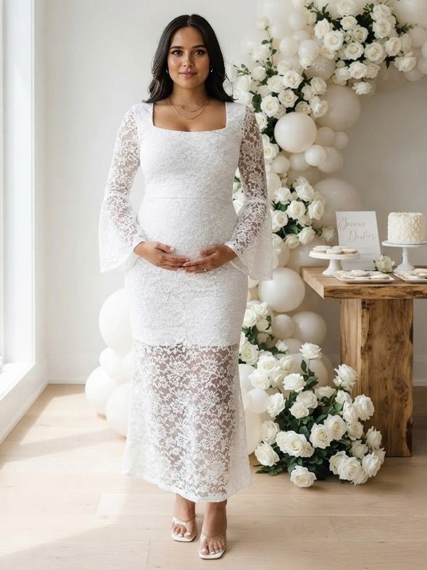 Momyknows White Lace Sheer Side Slit Flare Sleeve Maternity Baby Shower Maxi Dress - White - 1
