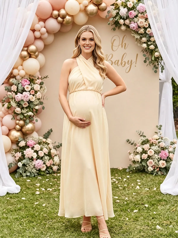 Yellow Halter-Neck Maternity Dress with Tie Detail and High-Waisted Loose Fit, Baby Shower