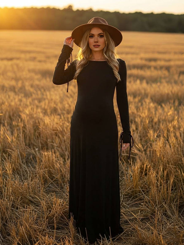Black Backless Maternity Dress with Tie-Back Detail and Flattering Fit, Outdoor Lawn Photoshoot