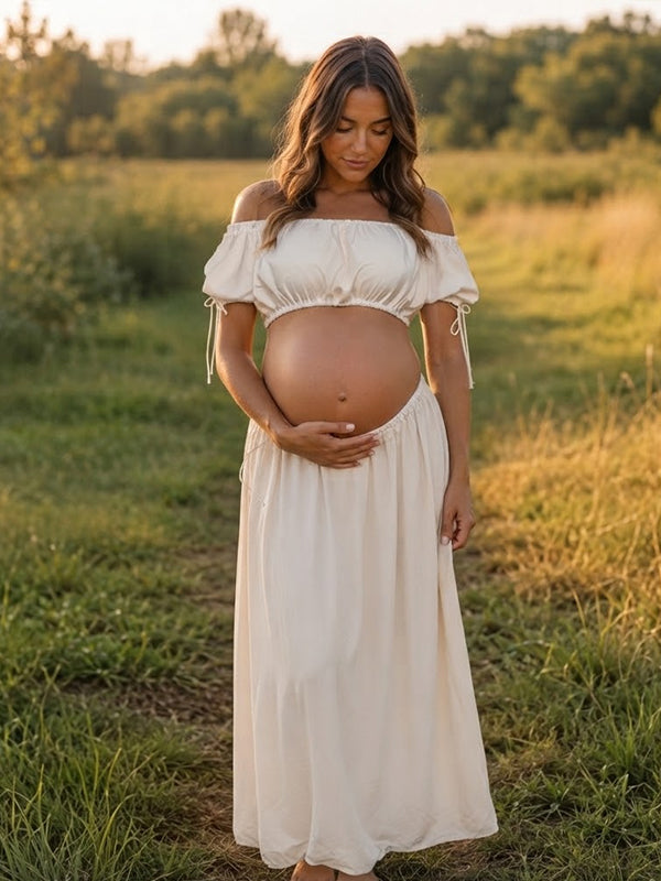 White Off Shoulder Bodycon Maternity Maxi Dress with Ruched Detail 