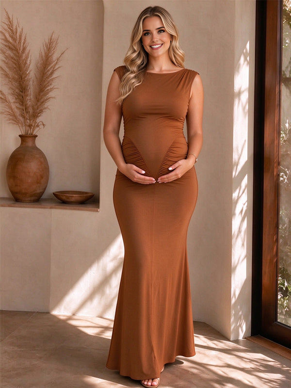 Momyknows Round Neck Ruffle Solid Color Bodycon Photoshoot Maternity Maxi Dress