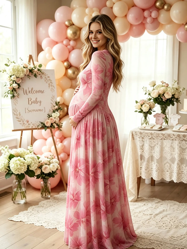 Pink Floral Maternity Maxi Dress with Color-Block Design and Pleated Details