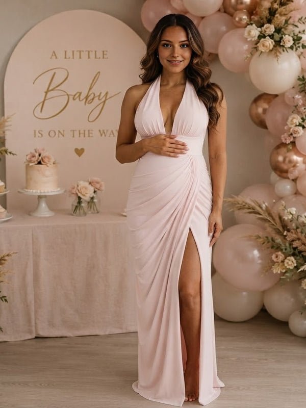 Momyknows Halter Neck Lace Up Backless Side Slit Ruched Maternity Baby Shower Maxi Dress - Pink - 2