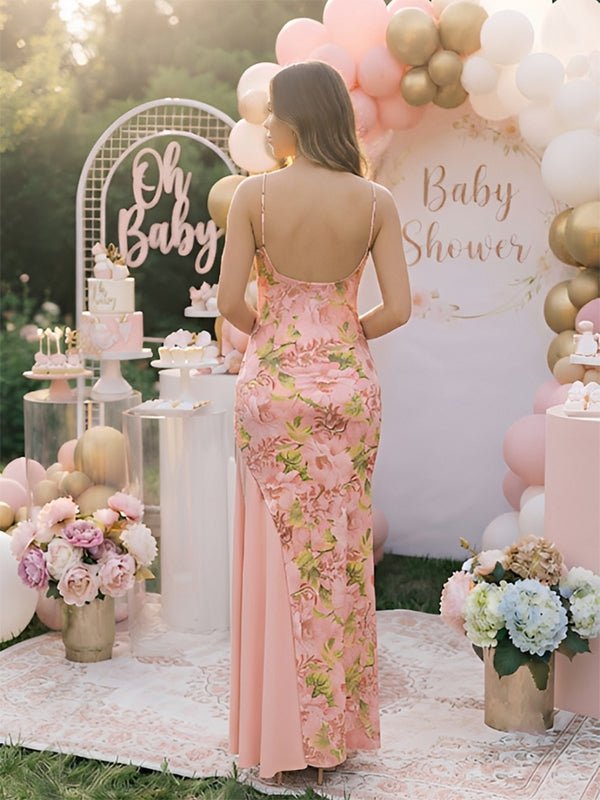 Momyknows Elegant Pink Floral Backless Spaghetti Strap Baby Shower Maternity Maxi Dress