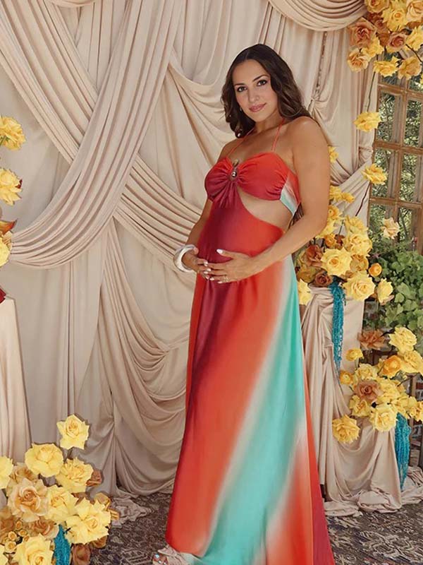Momyknows Orange Gradient Cut Out Silk Baby Shower Maternity Maxi Dress