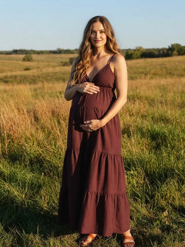 Brown Maternity Maxi Dress with Spaghetti Straps and Lace Up Detail and Flattering Fit, Photoshoot Occasion