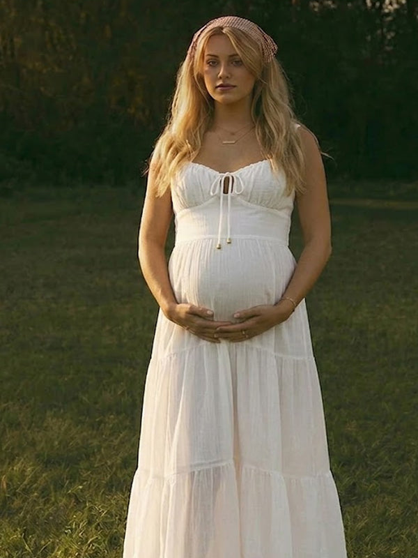 Momyknows Spaghetti Strap Splicing Lace Up Open Back Maternity Photoshoot Maxi Dress