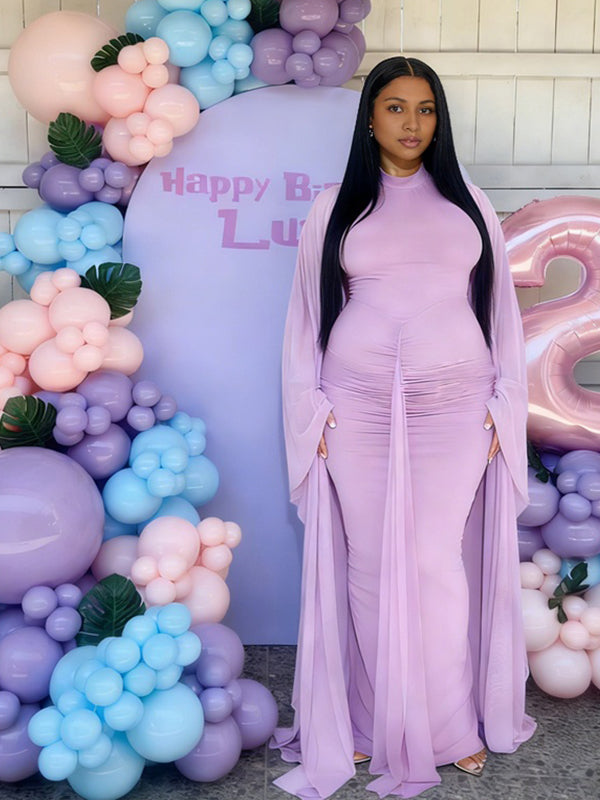 Momyknows Light Purple Ruched Cape Grenadine Backless Two Piece Maternity Baby Shower Maxi Dress