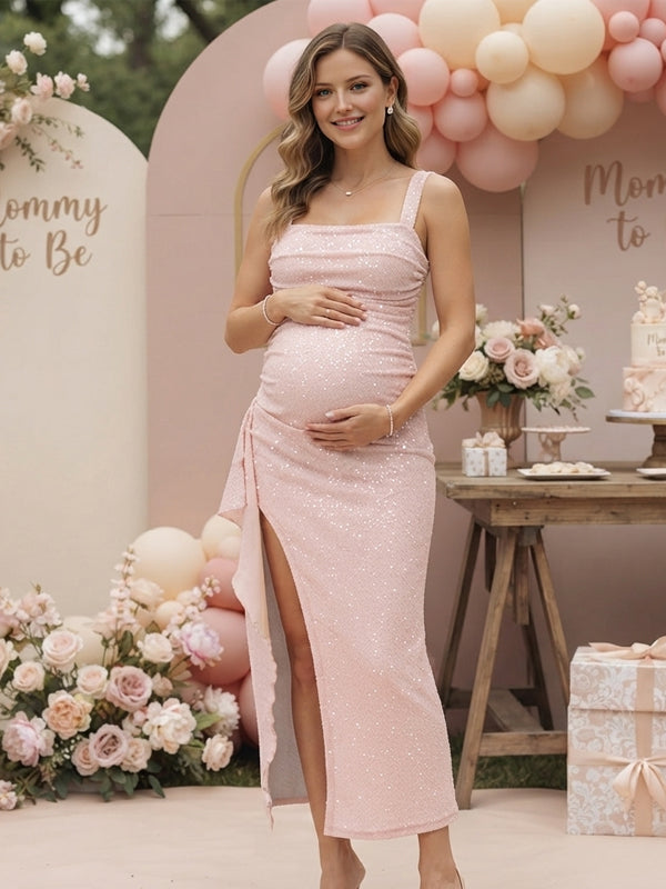 Pink Ruffle Maternity Midi Dress with Side Slit and Flattering Fit, Baby Shower Occasion