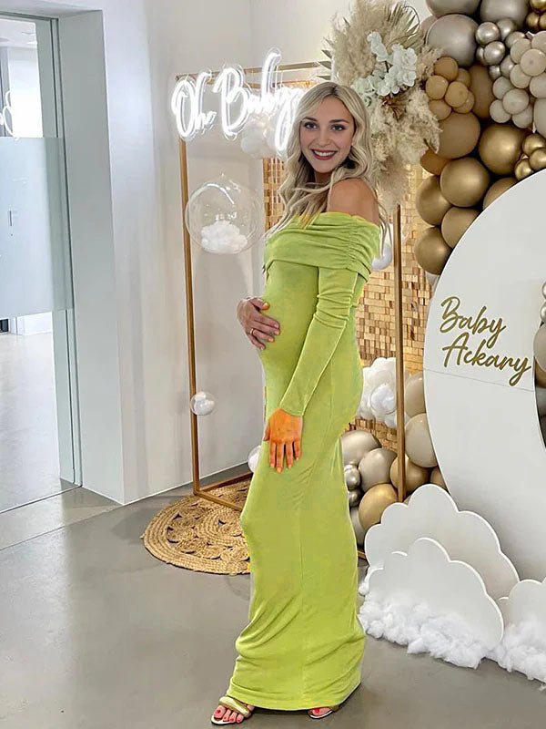 Momyknows Green Ruched Off Shoulder Bodycon Elegant Cocktail Party Gown Maternity Photoshoot Baby Shower Maxi Dress, Green / M