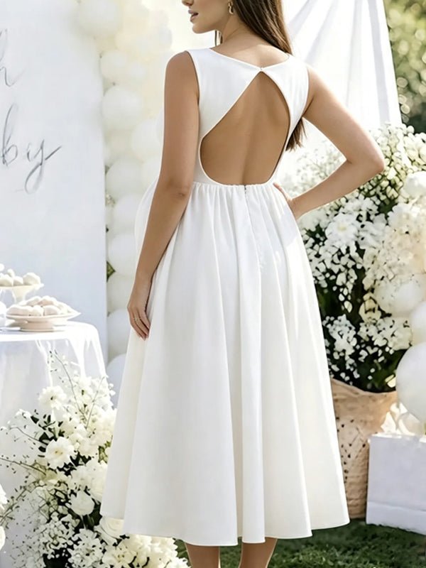 Momyknows White Backless A-Line Solid Color Maternity Baby Shower Midi Dress - White - 3