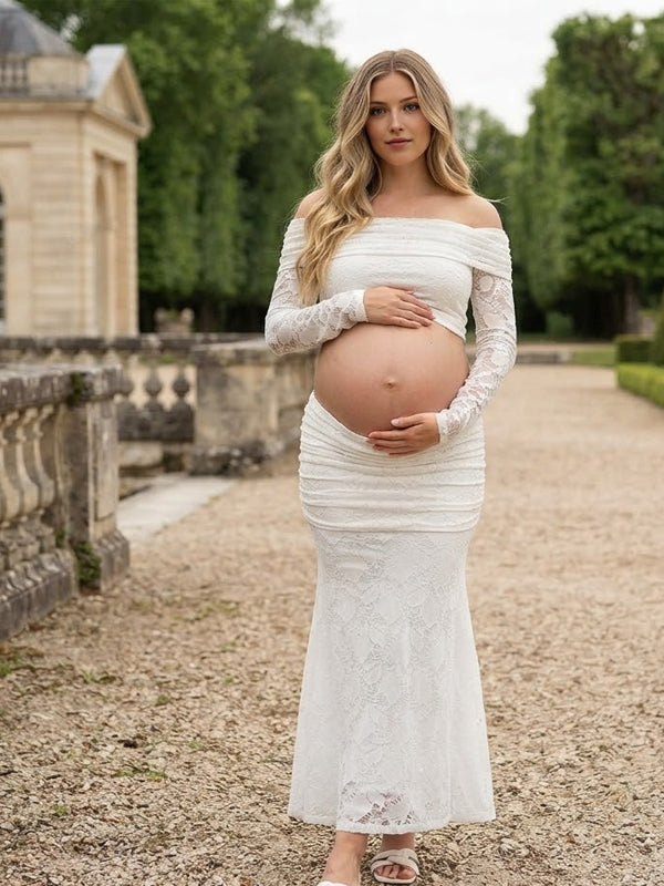 White Maternity Maxi Dress with Lace Detail and Off Shoulder Bodycon Fit