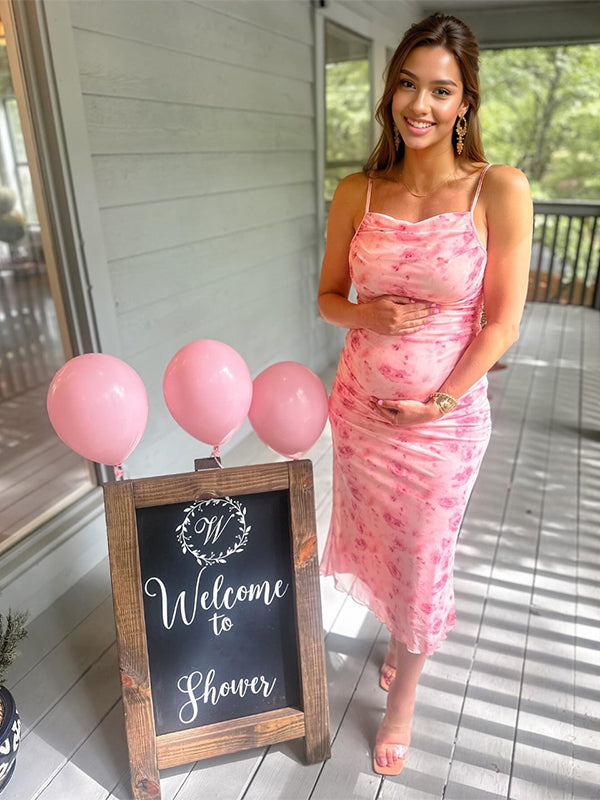 Momyknows Pink Floral Tulle Ruched Bodycon Cute Gender Reveal Baby Shower Maternity Midi Dress