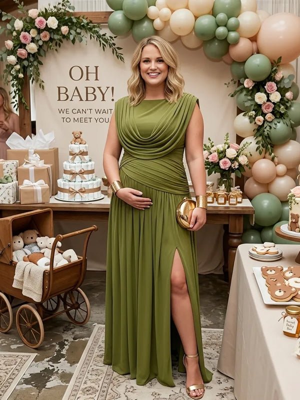 Momyknows Side Slit Splicing Backless Ruffle Maternity Baby Shower Maxi Dress - Green - 3