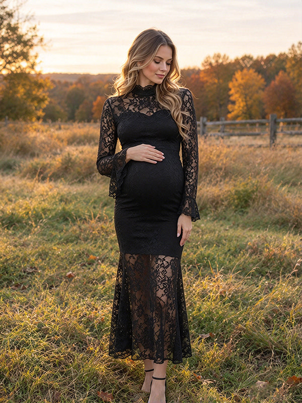 Black Lace Maternity Maxi Dress with Trumpet Fit and Flare Sleeve Design