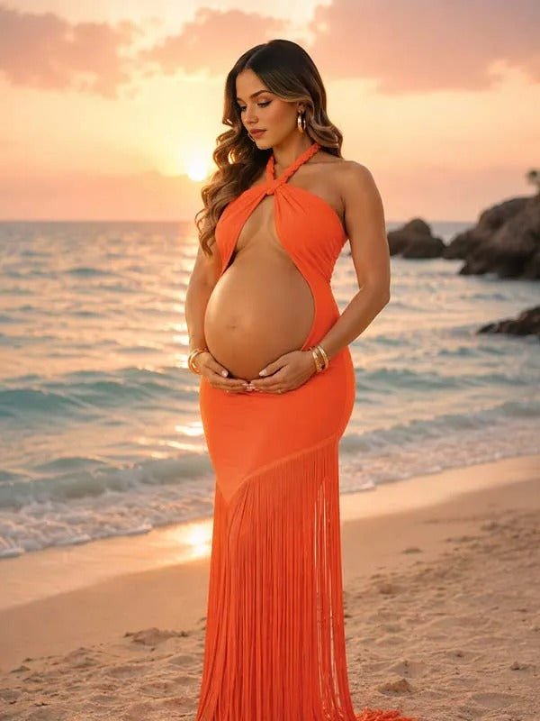 Momyknows Orange Tassel Halter Neck Bandeau Midriff Ruffle Maternity Photoshoot Maxi Dress - Orange - 2